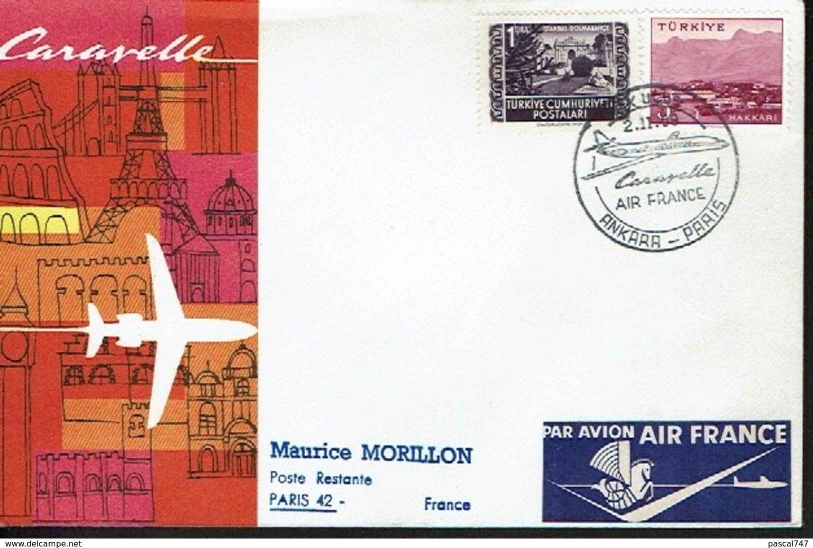 435 Oblitération Paris   Aviation  1959 Ankara Air Mail Label Vignette  Caravelle Air France - Briefe U. Dokumente