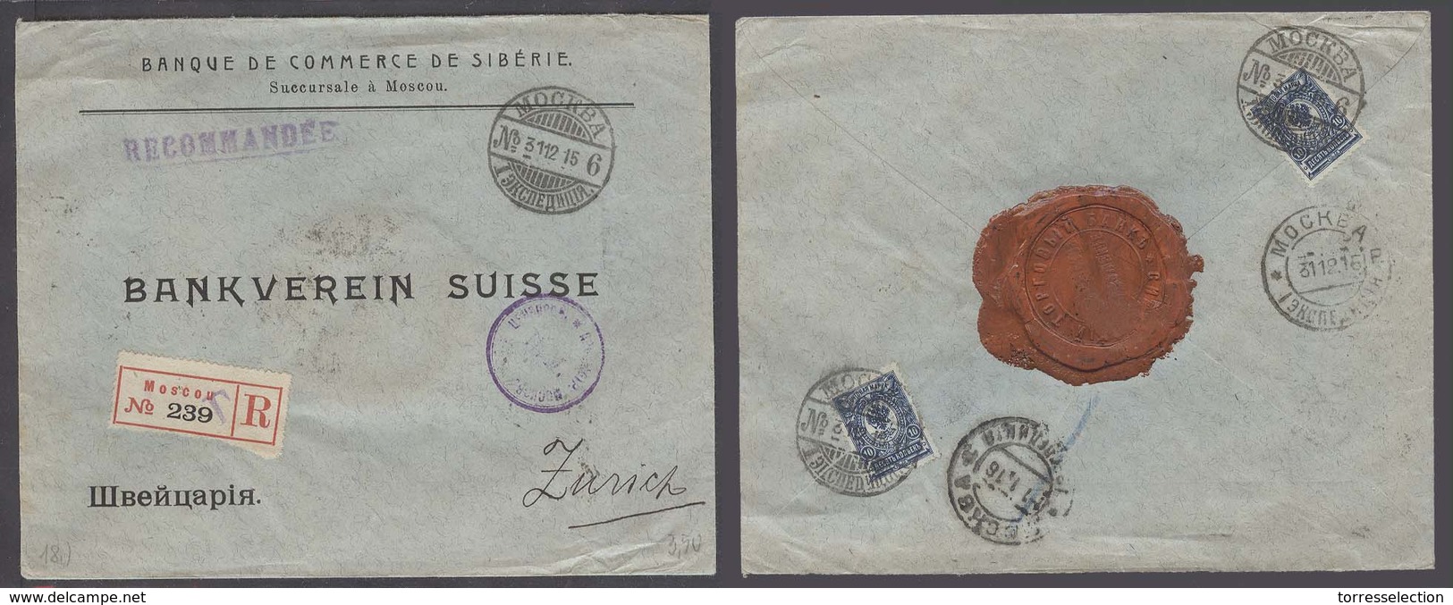 RUSSIA. 1915 (31 Dec). Moscow - Switzerland. Reg Reverse Fkd Censor Special Red Wax Seal Env. - Other & Unclassified
