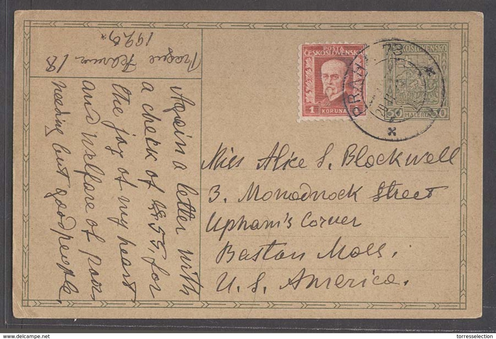 CZECHOSLOVAKIA. 1929 (18 Feb). Prague - USA / Boston. 50h Green Stat Card + Adtl 1k Red Cds. Fine. - Other & Unclassified