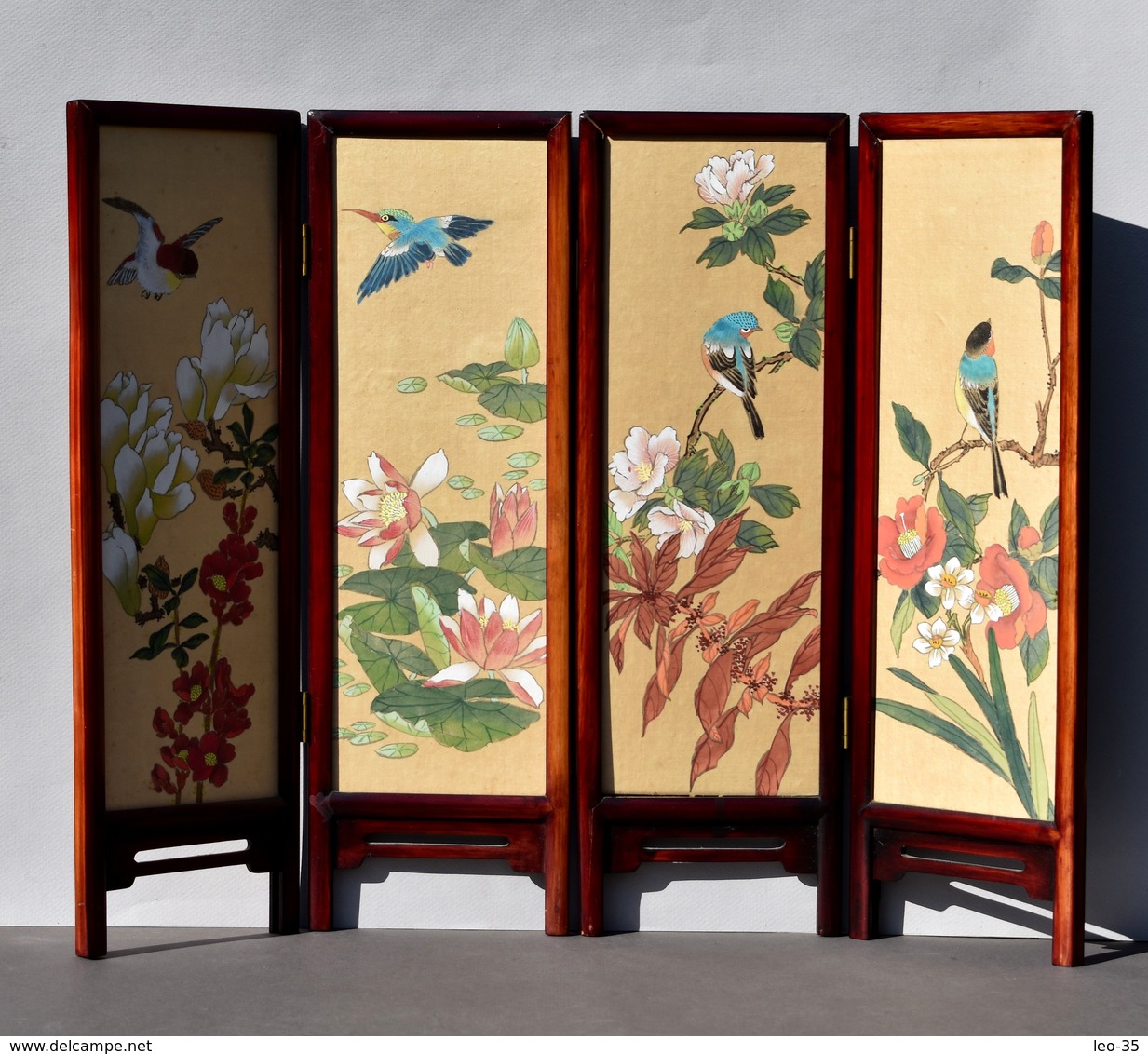 Petit Paravent Décoratif Peinture Sur Soie Chinoise - Décor D'oiseaux Et De Fleurs - Arte Asiatica