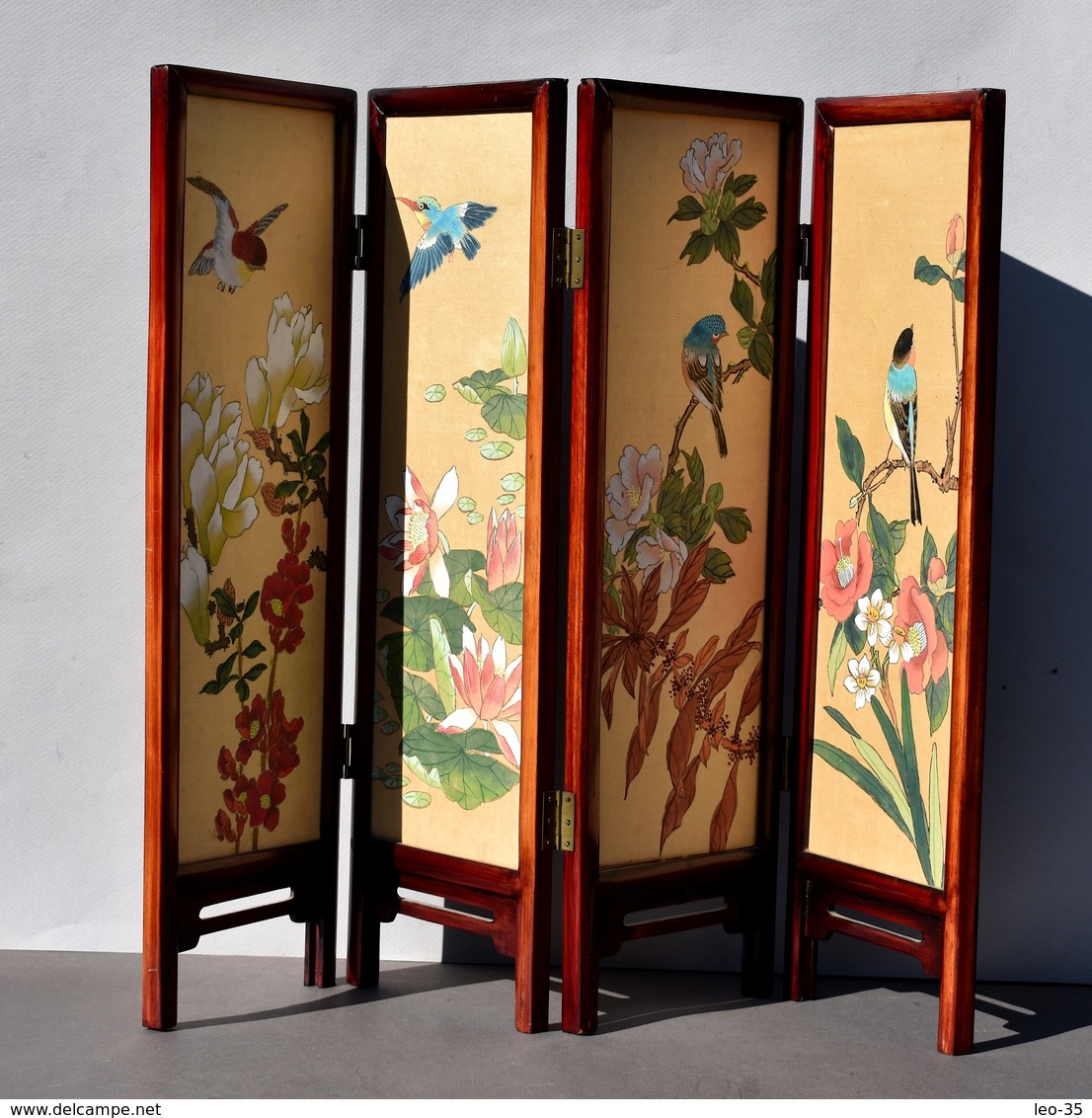 Petit Paravent Décoratif Peinture Sur Soie Chinoise - Décor D'oiseaux Et De Fleurs - Asiatische Kunst