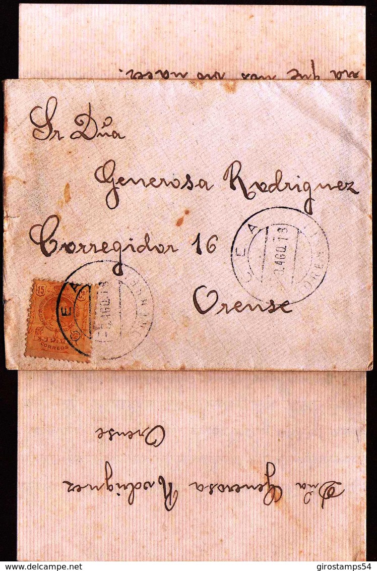 Girostamps54.- ALFONSO XIII CARTA CIRCULADA DESDE CEA (OURENSE) A OURENSE, CON INTERESANTE TEXTO EN EL INTERIOR - Cartas & Documentos