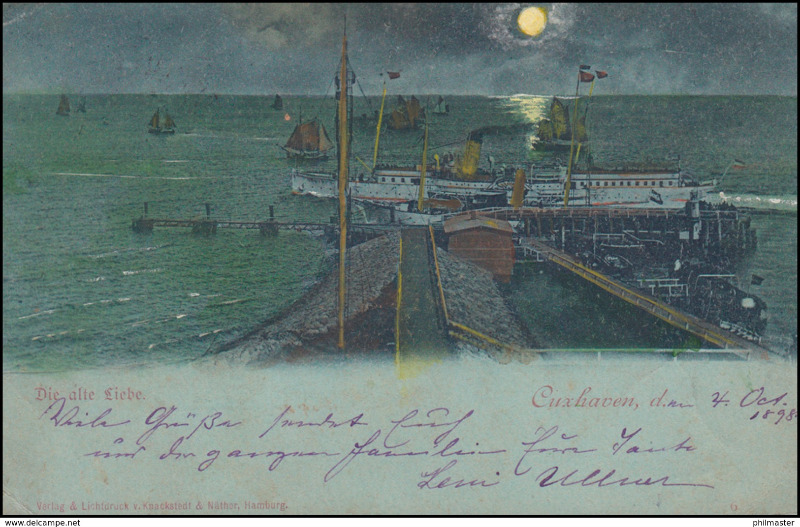 Ansichtskarte Cuxhaven Bei Nacht - Die Alte Liebe, 4.10.1898 Nach Hamm - Sonstige & Ohne Zuordnung