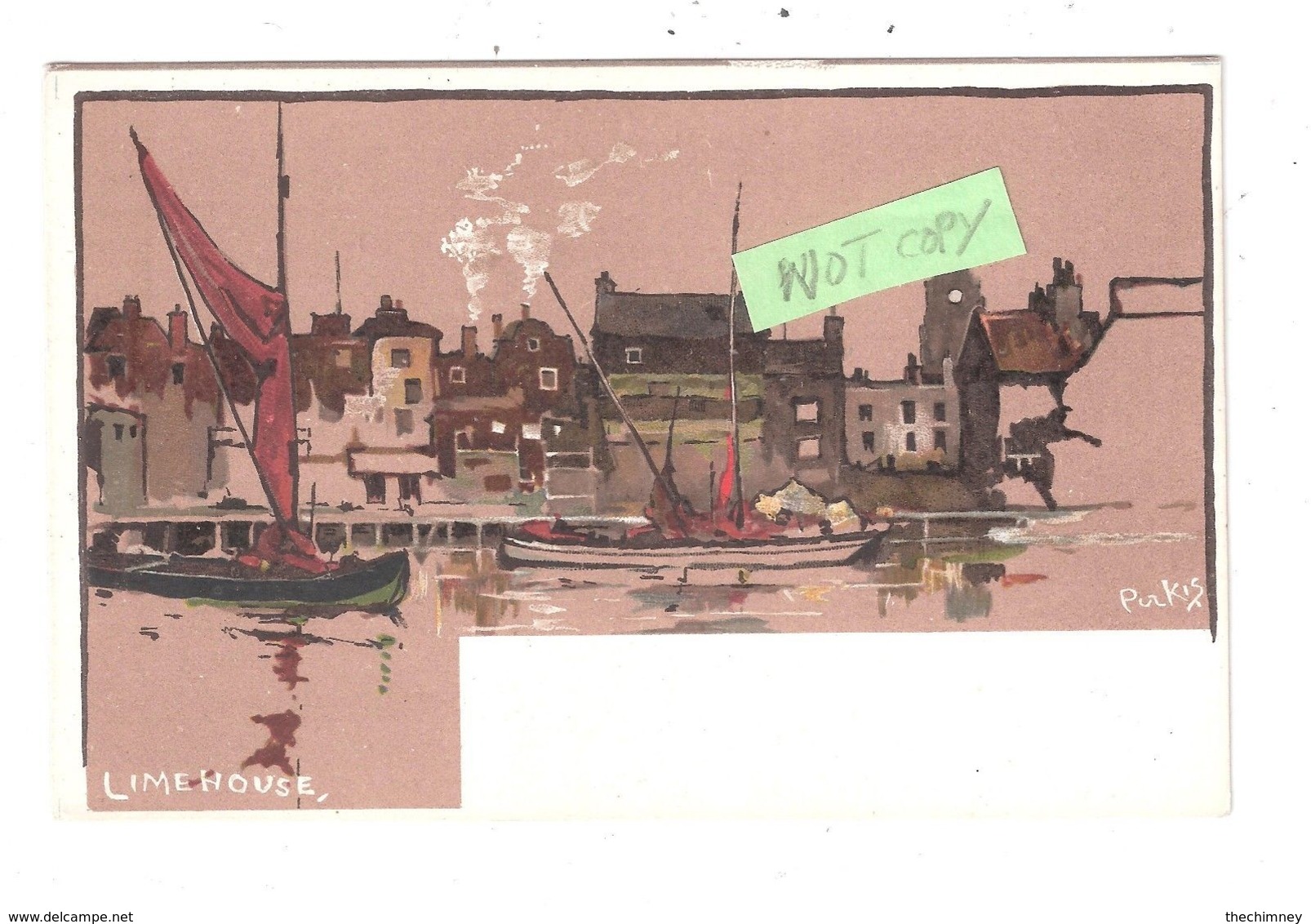 LIMEHOUSE LONDON ARTIST DRAWN RIVER THAMES BOATING FISHING PIRKIS ART POSTCARD - London Suburbs