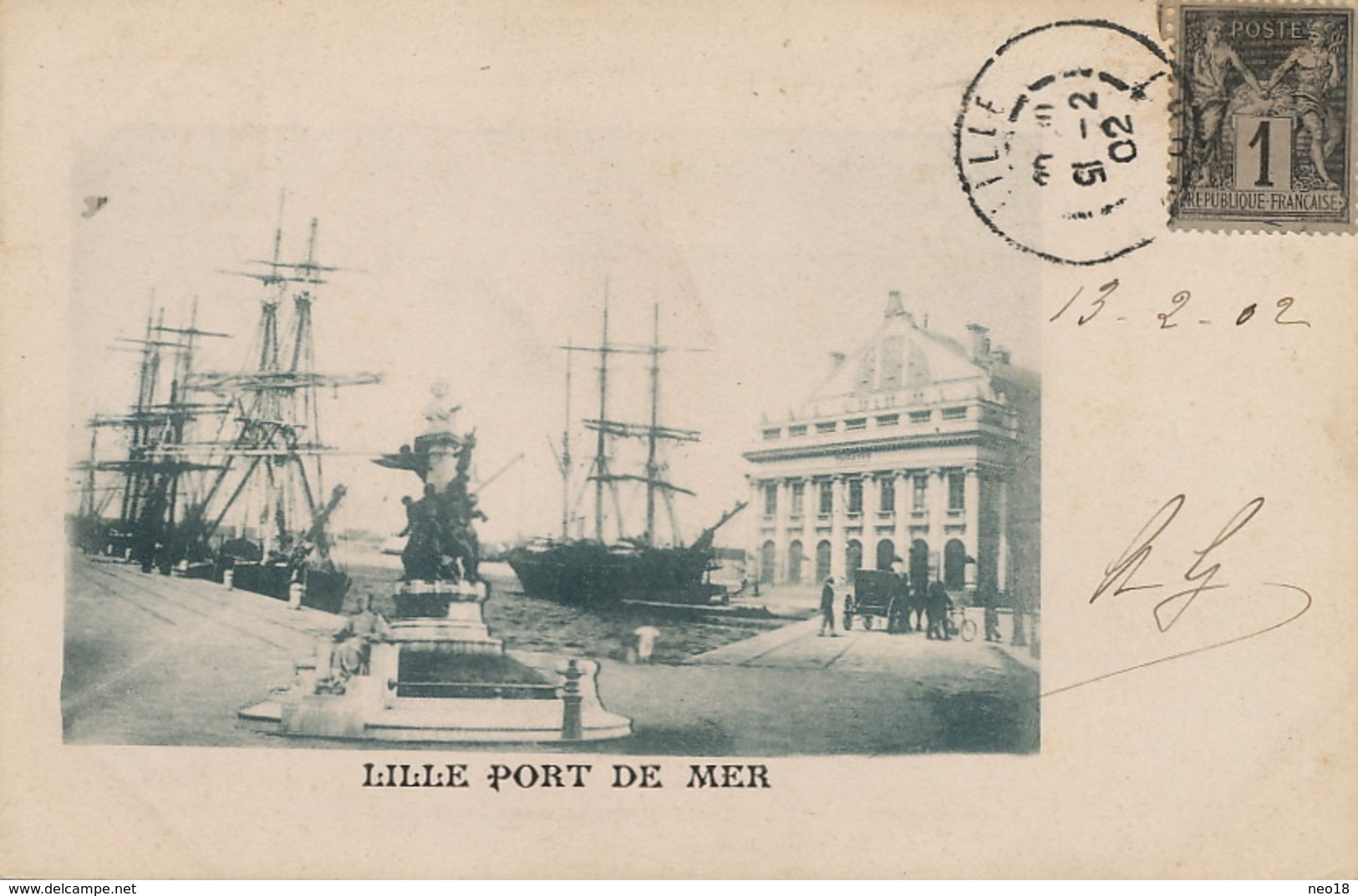 Pionnière Lille Port De Mer  Bateau à Voile  Timbrée Type Sage 1902 Vers Hesdin - Lille