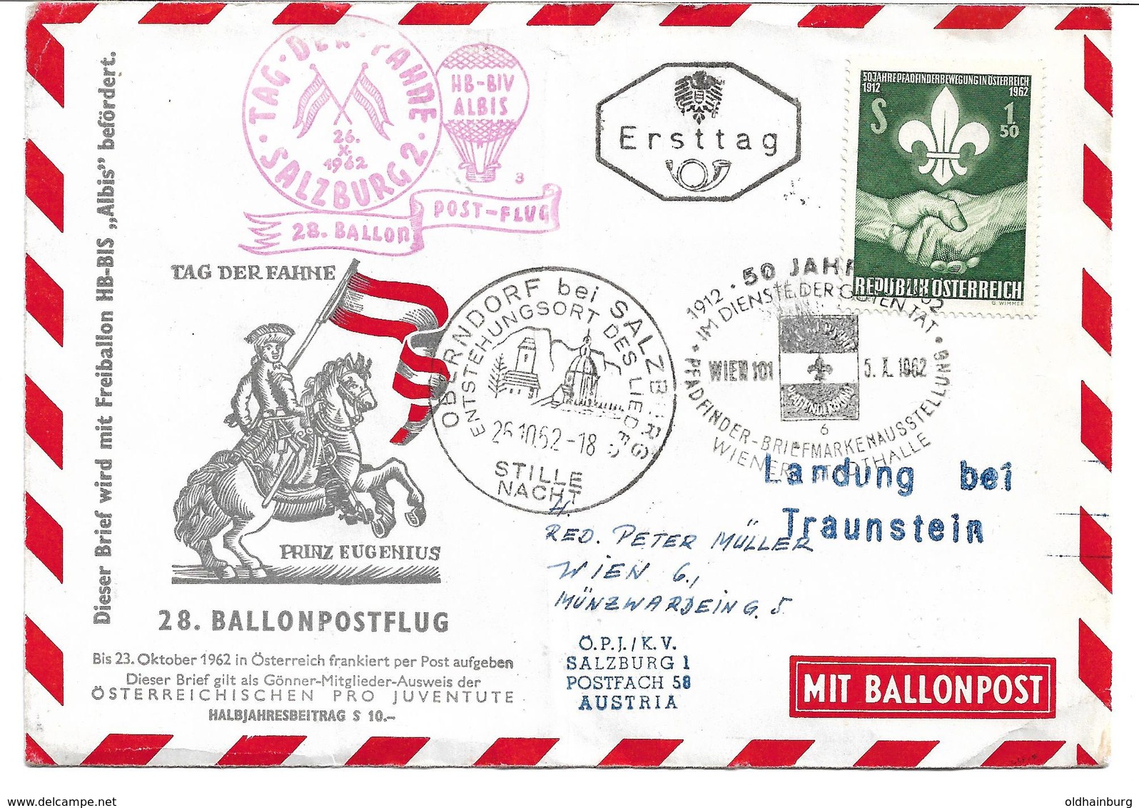 3000e: Ballonpostbrief 5110 Oberndorf "Stille Nacht"- Sonderstempel, Traunstein, 1962 - Oberndorf Bei Salzburg