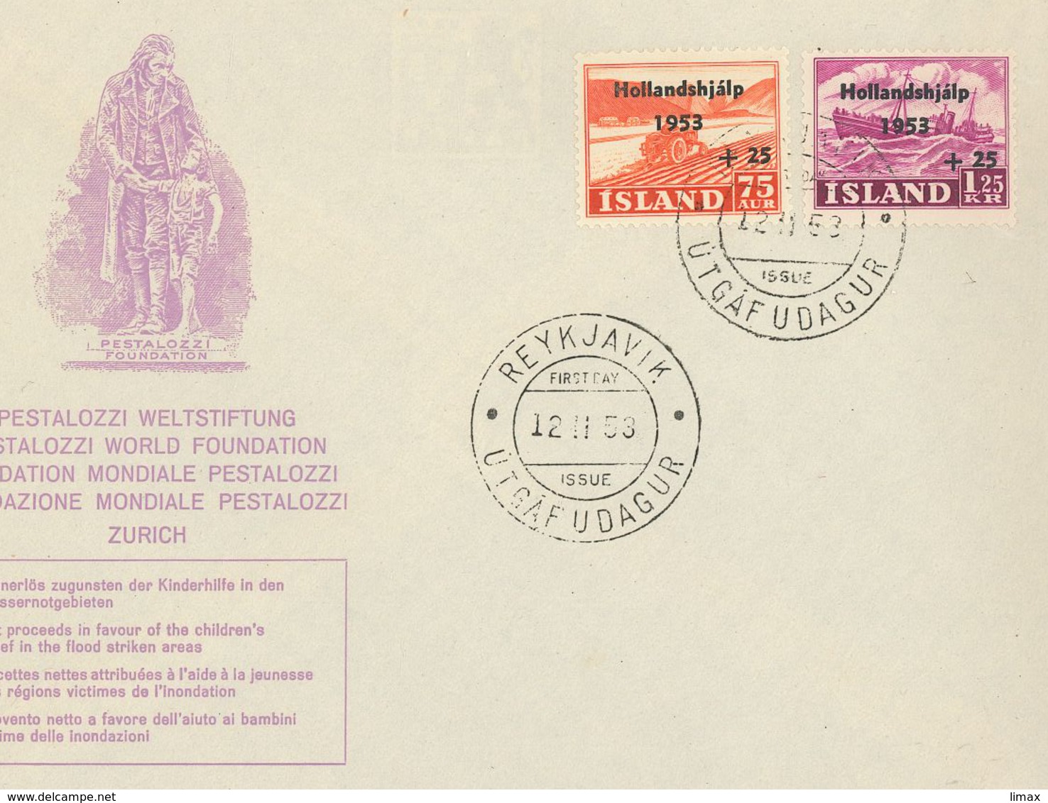 Reykjavik Utgafudagur 1953 Hollandhilfe Hochwasser - Storia Postale