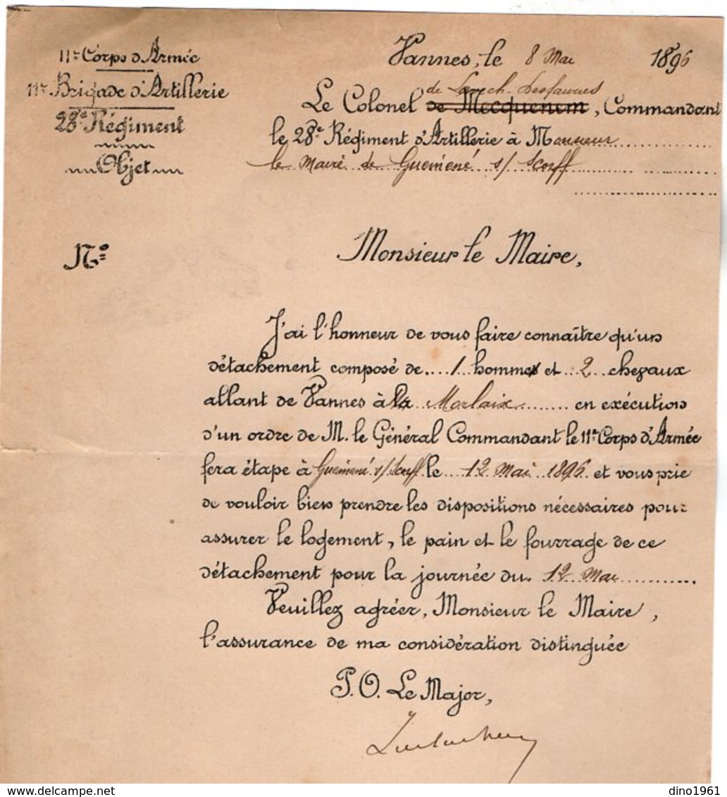 VP14.662 - MILITARIA - VANNES 1896 - Lettre De Mr Le Major ? Du 28 ème Rgt D'Artillerie à Mr Le Maire De GUEMENE - Documenten