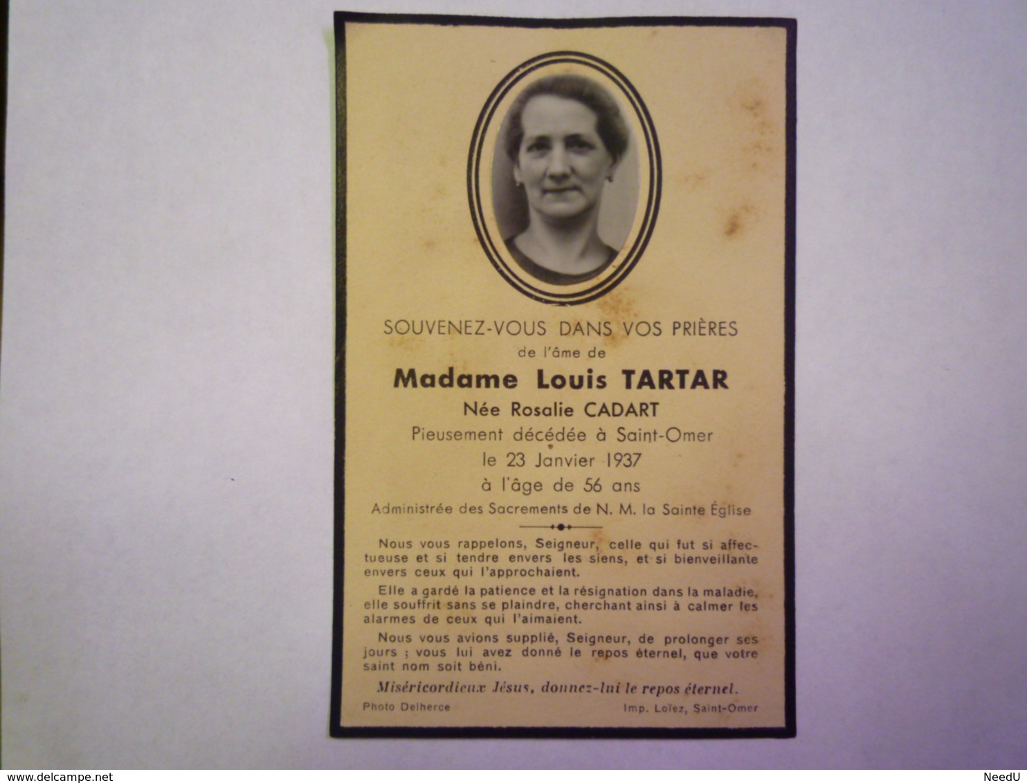 GP 2019 - 847  FAIRE-PART De Décès De Madame Louis  TARTAR  Née Rosalie CADART  (ST-OMER Le 23 / 01 / 1937)   XXX - Overlijden