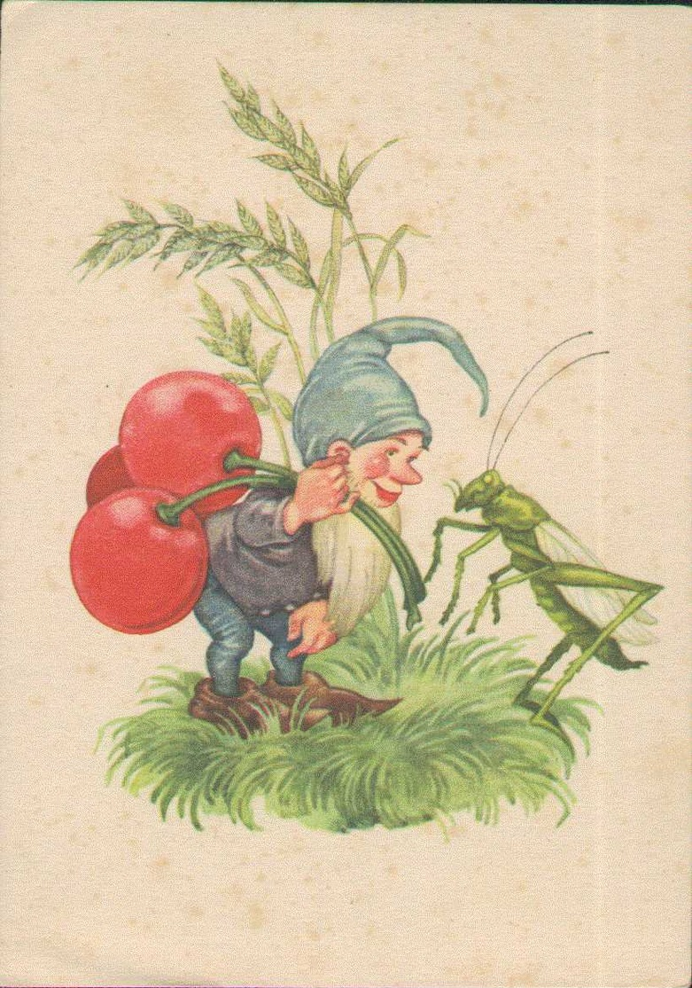 Zwerg Mit Kirschen Und Grashüpfer, Flechsig Kunstkarte 6606, Künstler-Postkarte, Zeichnung - 1900-1949