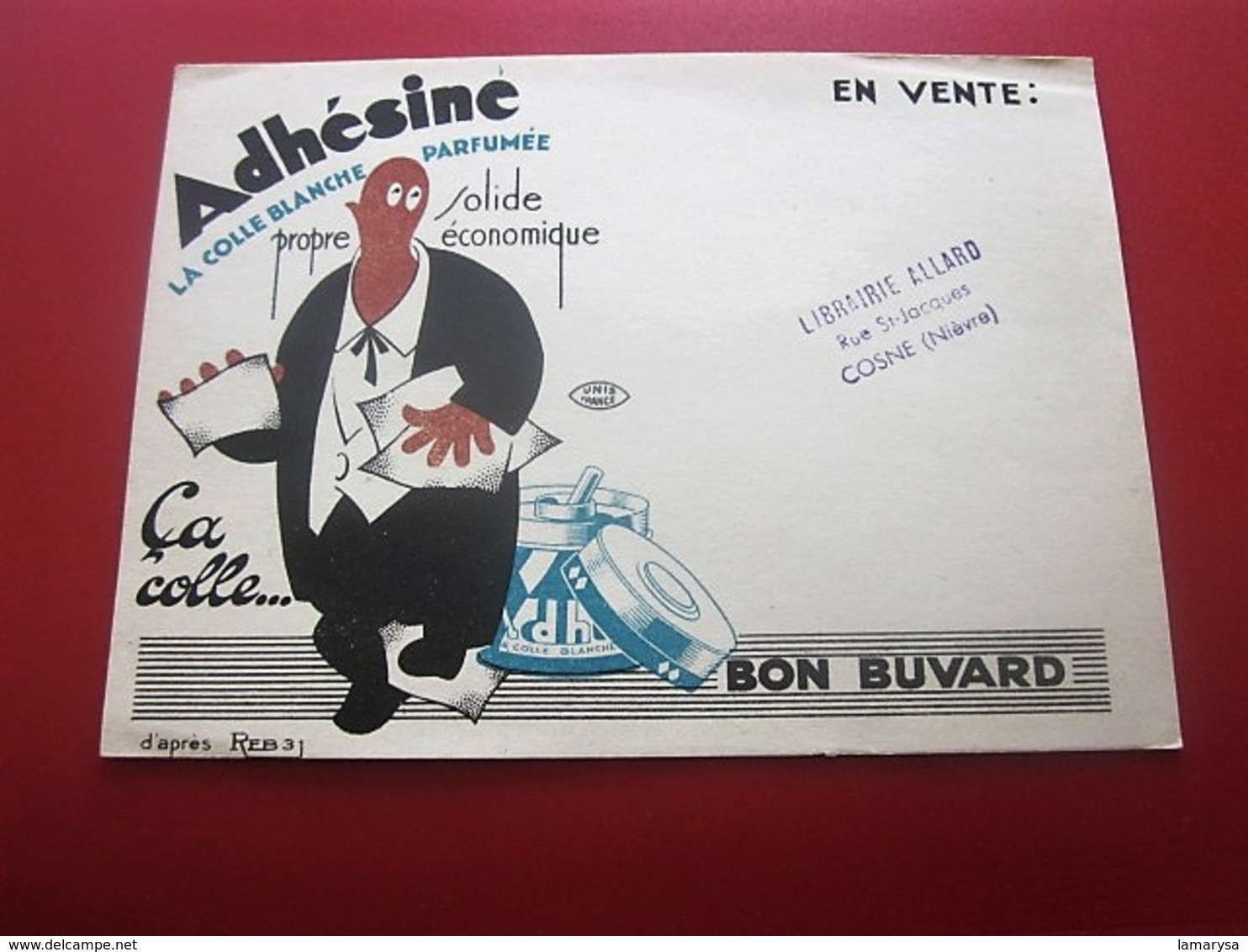 Buvard Collection Illustré ADHESINE COLLE BLANCHE PARFUMEE LIBRAIRIE ALLARD COSNE NIEVRE BUVARD Publicitaire Publicité - Papeterie