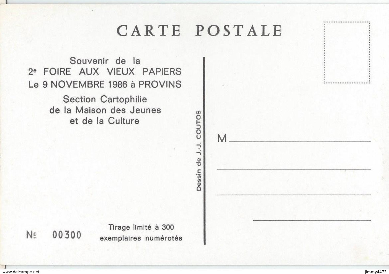 CPM - PROVINS 77 S. Et M. - SOUVENIR DE LA 2è FOIRE AUX VIEUX PAPIERS Nov.1986 - Tirage à 300 Ex. Dessin De J.J. COUTOIS - Sammlerbörsen & Sammlerausstellungen