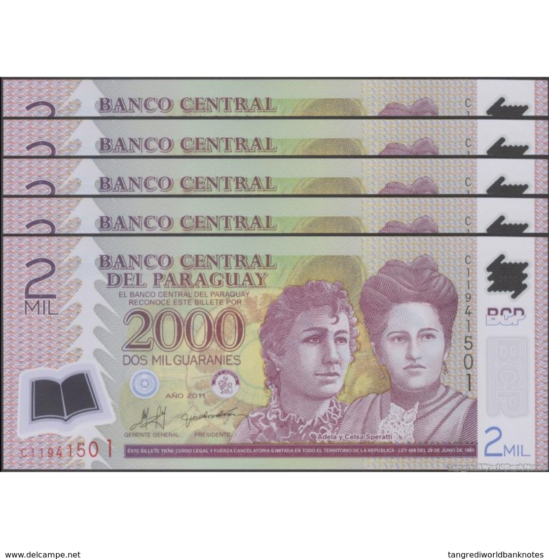 TWN - PARAGUAY 228c - 2000 2.000 Guaranies 2011 DEALERS LOT X 5 - Polymer - Prefix C UNC - Paraguay