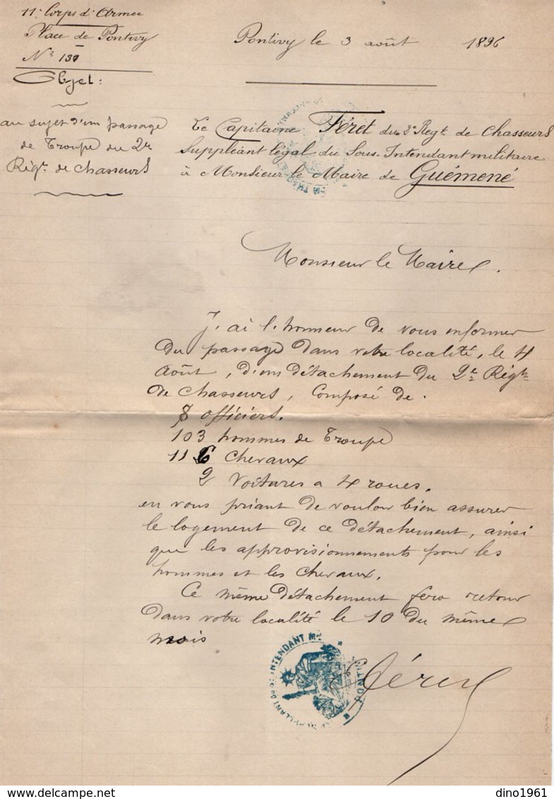 VP14.665 - MILITARIA - PONTIVY 1896 - Lettre De Mr Le Capitaine FERET Du 2 ème Rgt De Chasseurs à Mr Le Maire De GUEMENE - Documents