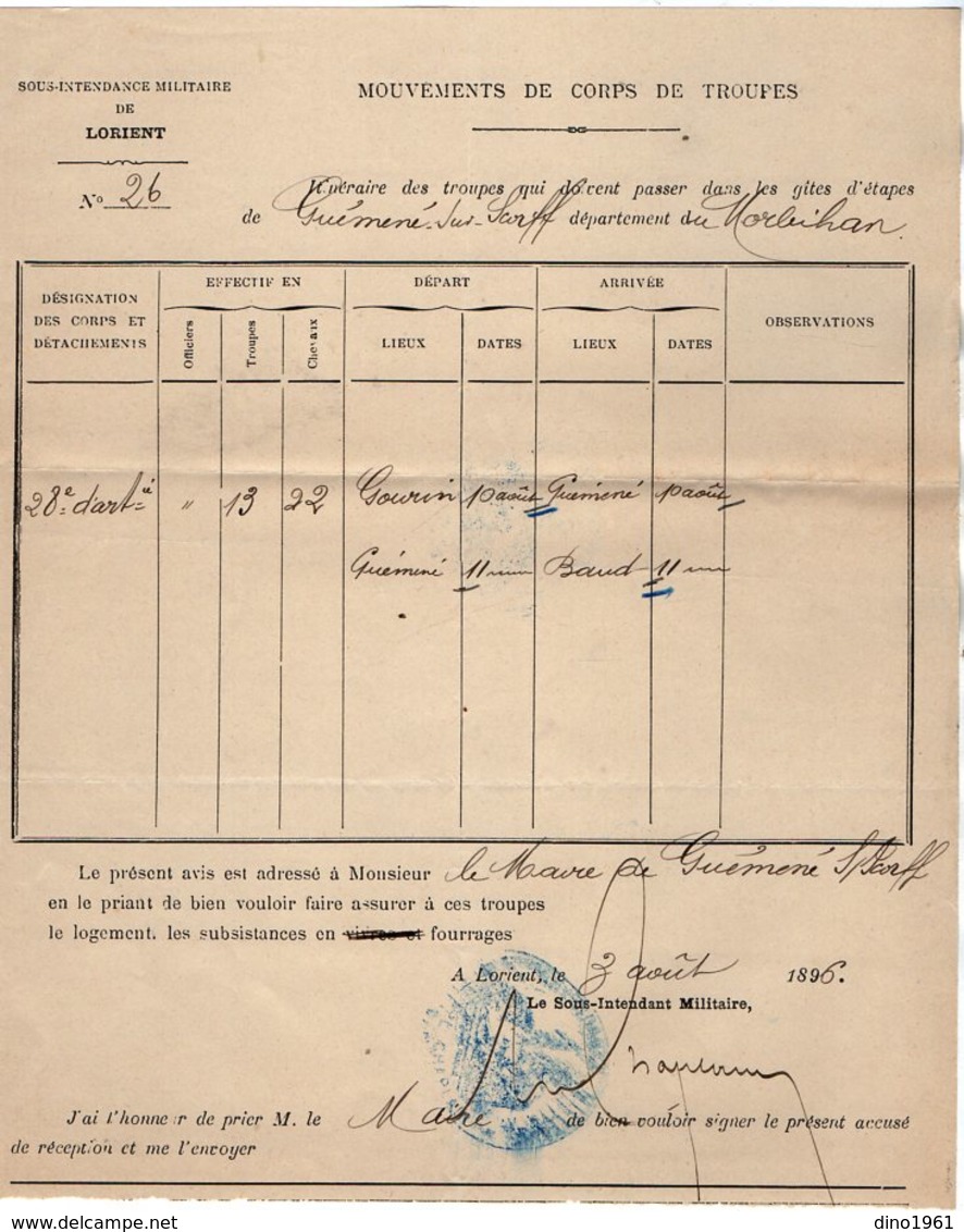 VP14.666  MILITARIA - LORIENT 1896 - Avis - Mouvements De Troupes - Le Sous Intendant Militaire à Mr Le Maire De GUEMENE - Documenten