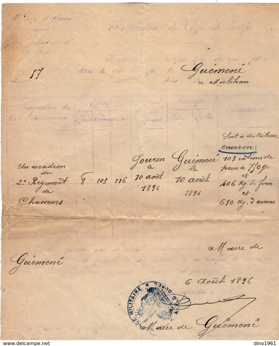 VP14.667 - MILITARIA - BREST 1896 - Avis - Mouvements De Troupes - L' Intendant Militaire à Mr Le Maire De GUEMENE - Documenti