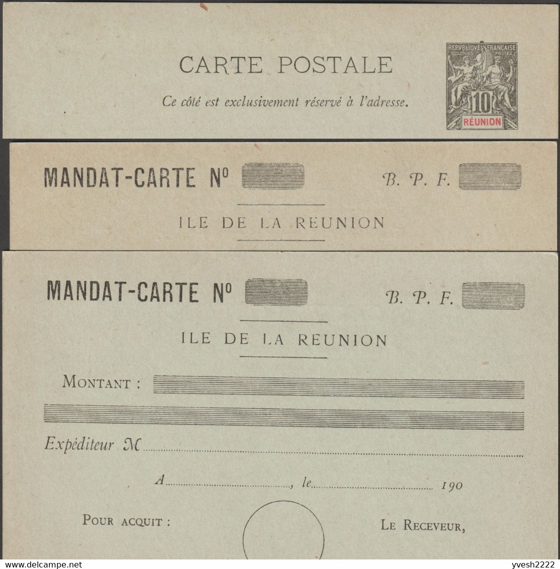 Réunion 1900. 2 Cartes Postales, Entiers Postaux Officiels, 2 Tirages. 10 C Mouchon, Mandat-carte. Superbe - Lettres & Documents