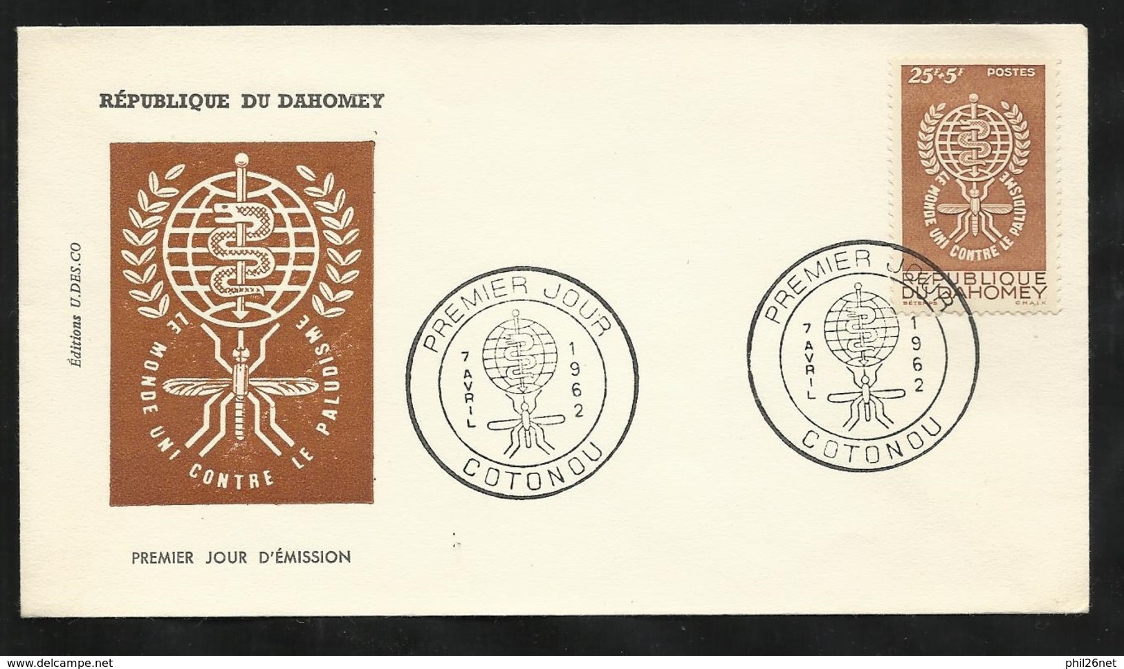 Dahomey FDC Lettre Illustrée  Premier Jour Cotonou Le 07/04/1962 N° 171 Le Monde Uni Contre Le Paludisme  TB - Storia Postale