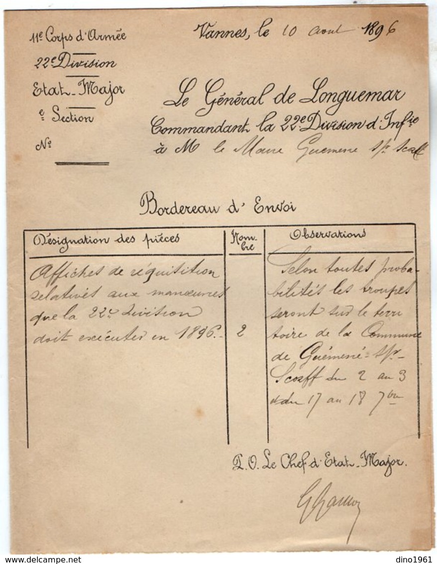 VP14.668 - MILITARIA - VANNES 1896 - Avis - Lettre De Mr Le Chef D'Etat - Major à Mr Le Maire De GUEMENE - Documenti