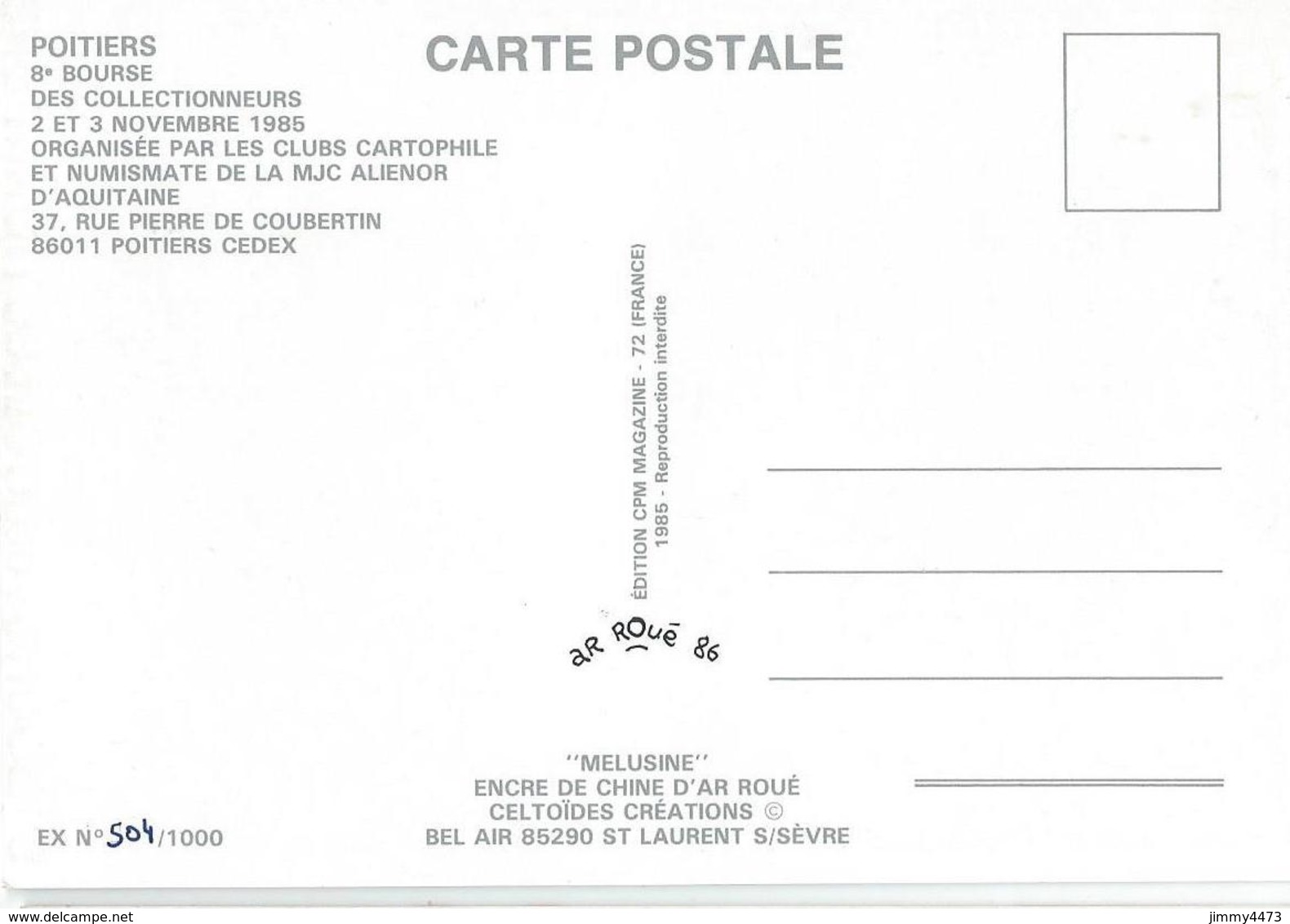 CPM - POITIERS 86 Vienne - 8è BOURSE DES COLLECTIONNEURS Nov. 1985 - Carte Numérotée 501 / 1000 Ex. Edit. CPM Magazine - Bourses & Salons De Collections