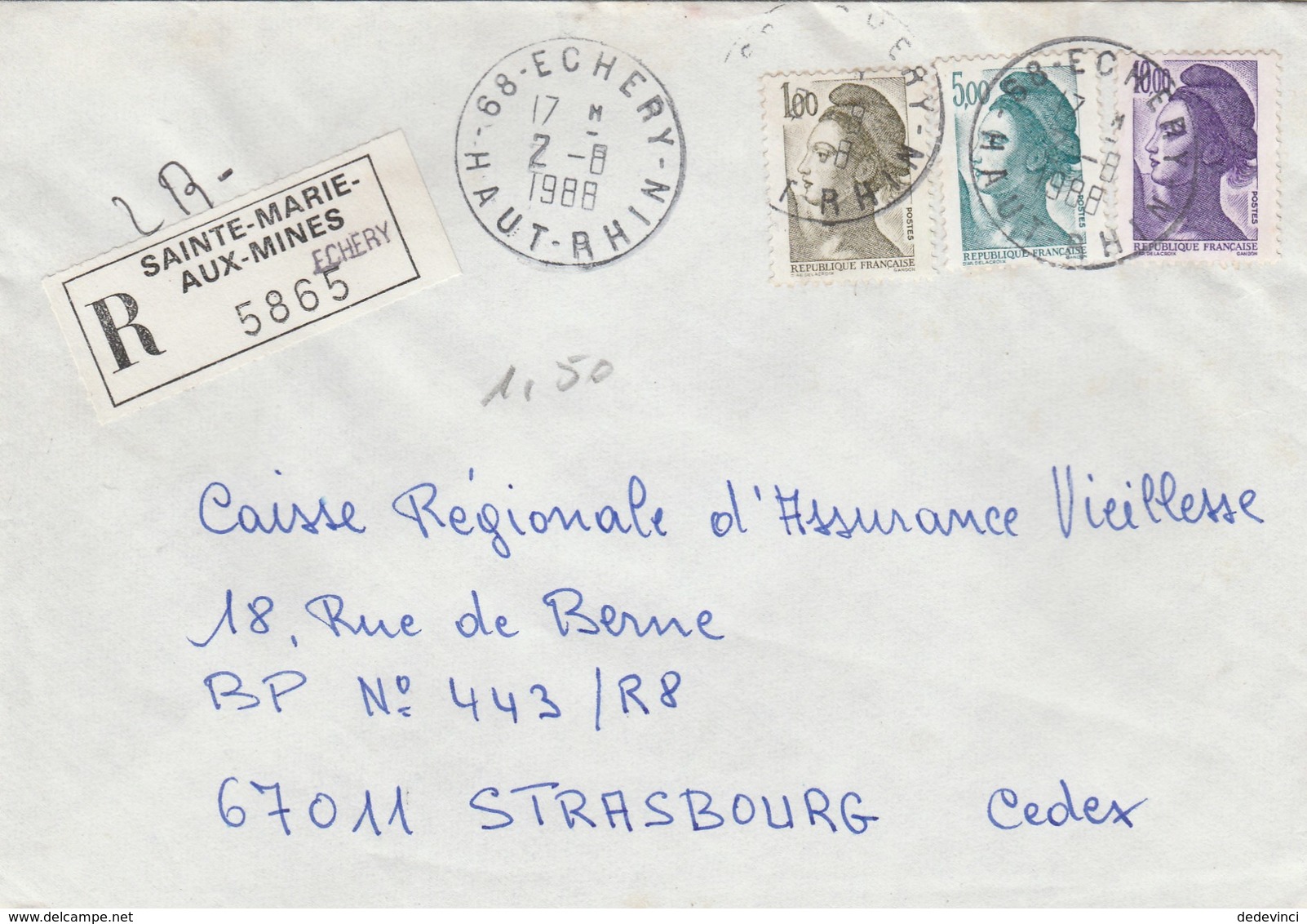 Lettre Reco: Echery Du 2-8-1988 Avec Vignette Sainte-Marie-Aux-Mines - 1961-....