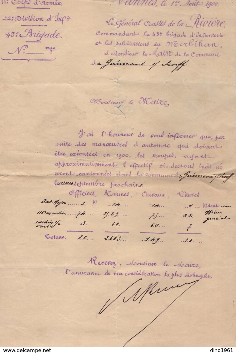 VP14.671 - MILITARIA - VANNES 1900 - Lettre De Mr Le Général COUSTIS De LA RIVIERE à Mr Le Maire De GUEMENE - Documenti