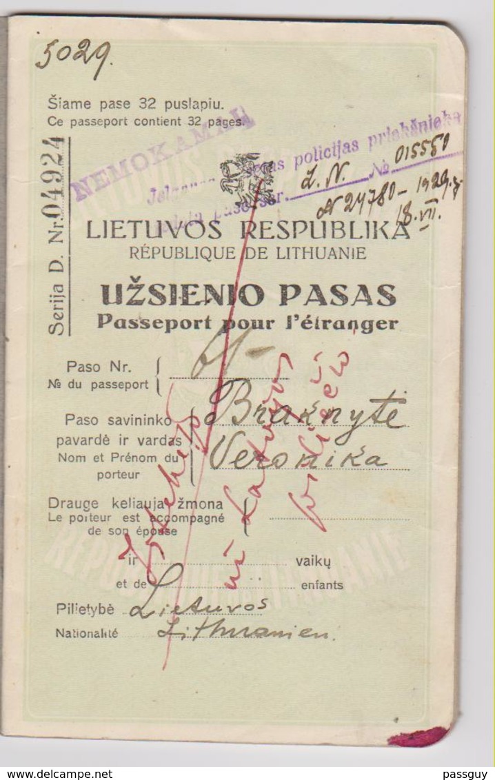 LITHUANIA Passport 1929 Passeport LITHUANIE – Reisepaß – Revenues/Fiscaux - Historical Documents