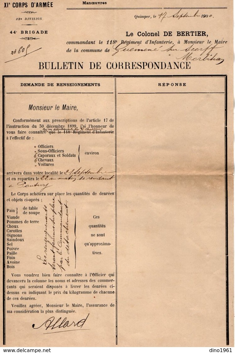 VP14.672 - MILITARIA - QUIMPER 1900 -  AVIS - Le Colonel De BERTIER à Mr Le Maire De GUEMENE - Documents