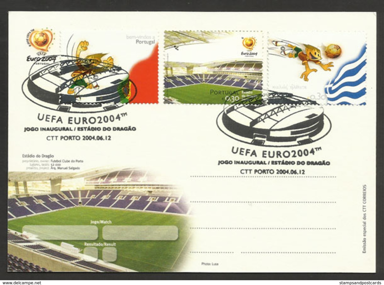 Portugal Football Euro 2004 Cachet Match D'ouverture Stade FC Porto Grèce Soccer Opening Game Greece Postmark Oporto - Flammes & Oblitérations