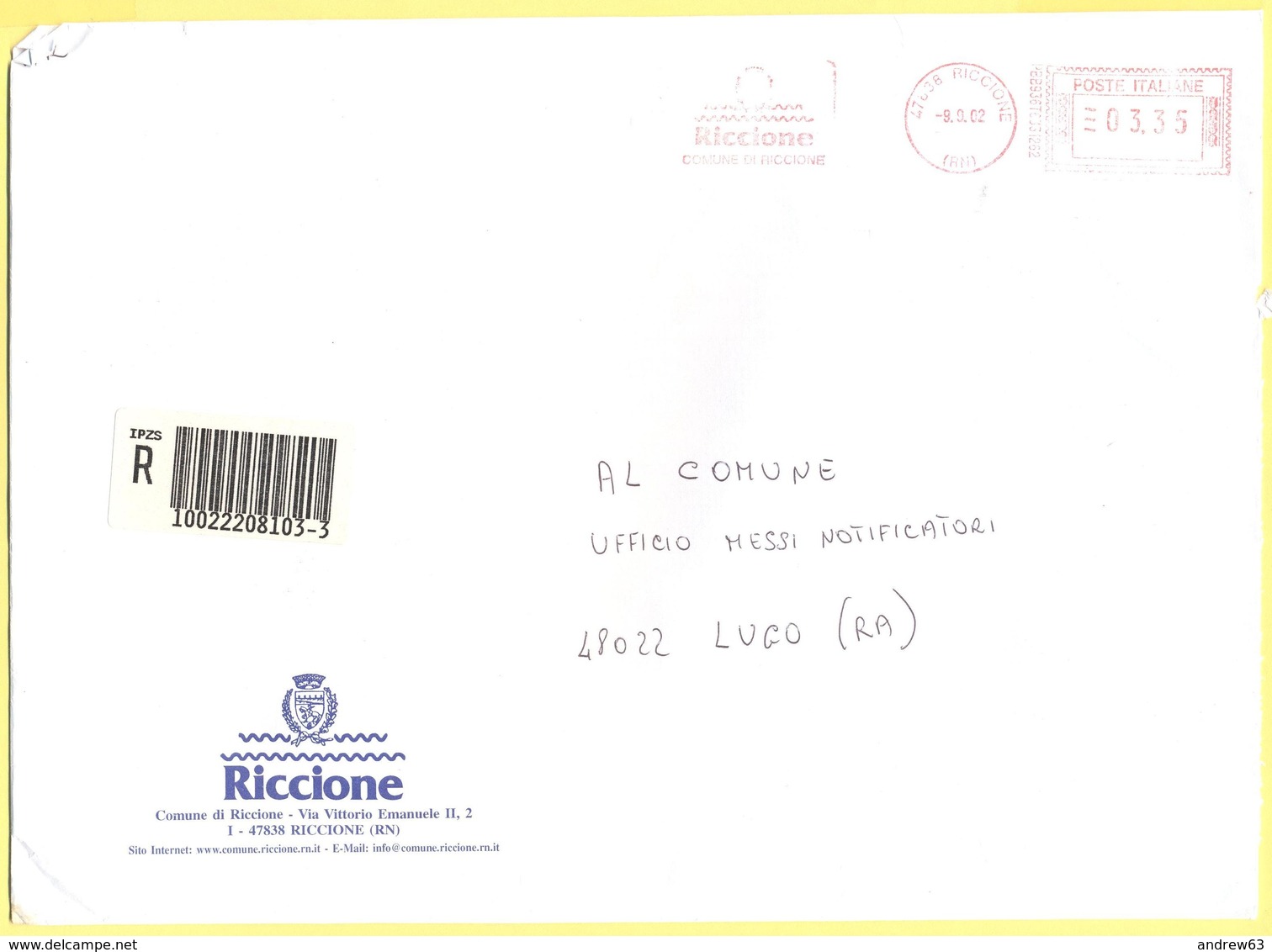 ITALIA - ITALY - ITALIE - 2002 - 03,35 EMA, Red Cancel - Comune Di Riccione - Viaggiata Da Riccione Per Lugo - Macchine Per Obliterare (EMA)