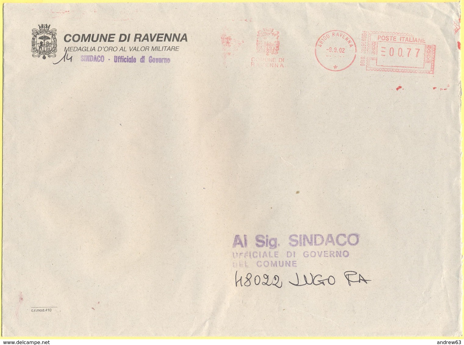 ITALIA - ITALY - ITALIE - 2002 - 00,77 EMA, Red Cancel - Comune Di Ravenna - Viaggiata Da Ravenna Per Lugo - Macchine Per Obliterare (EMA)