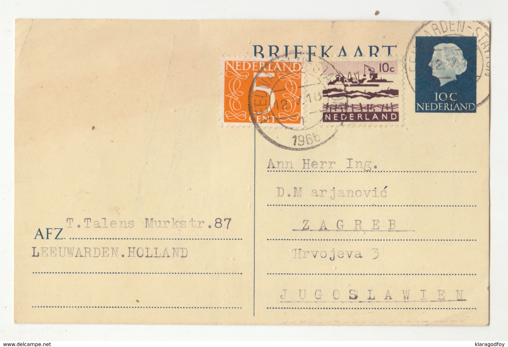 Nederland, Postal Stationery Briefkaart Travelled 1966 Leeuwarden Station Pmk B190401 - Entiers Postaux