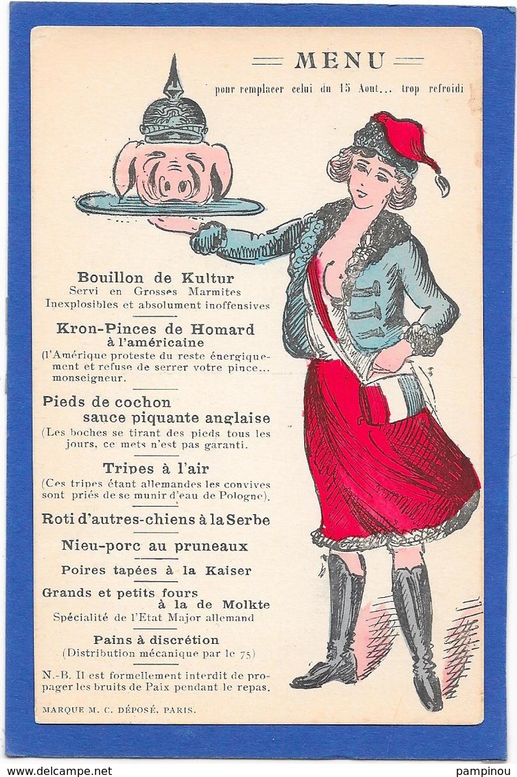 MENU Satirique - GUILLAUME Sa Tête De Cochon Sur Plat Servi Par Une Cantinière   - Guerre 14/18 - Guerre 1914-18