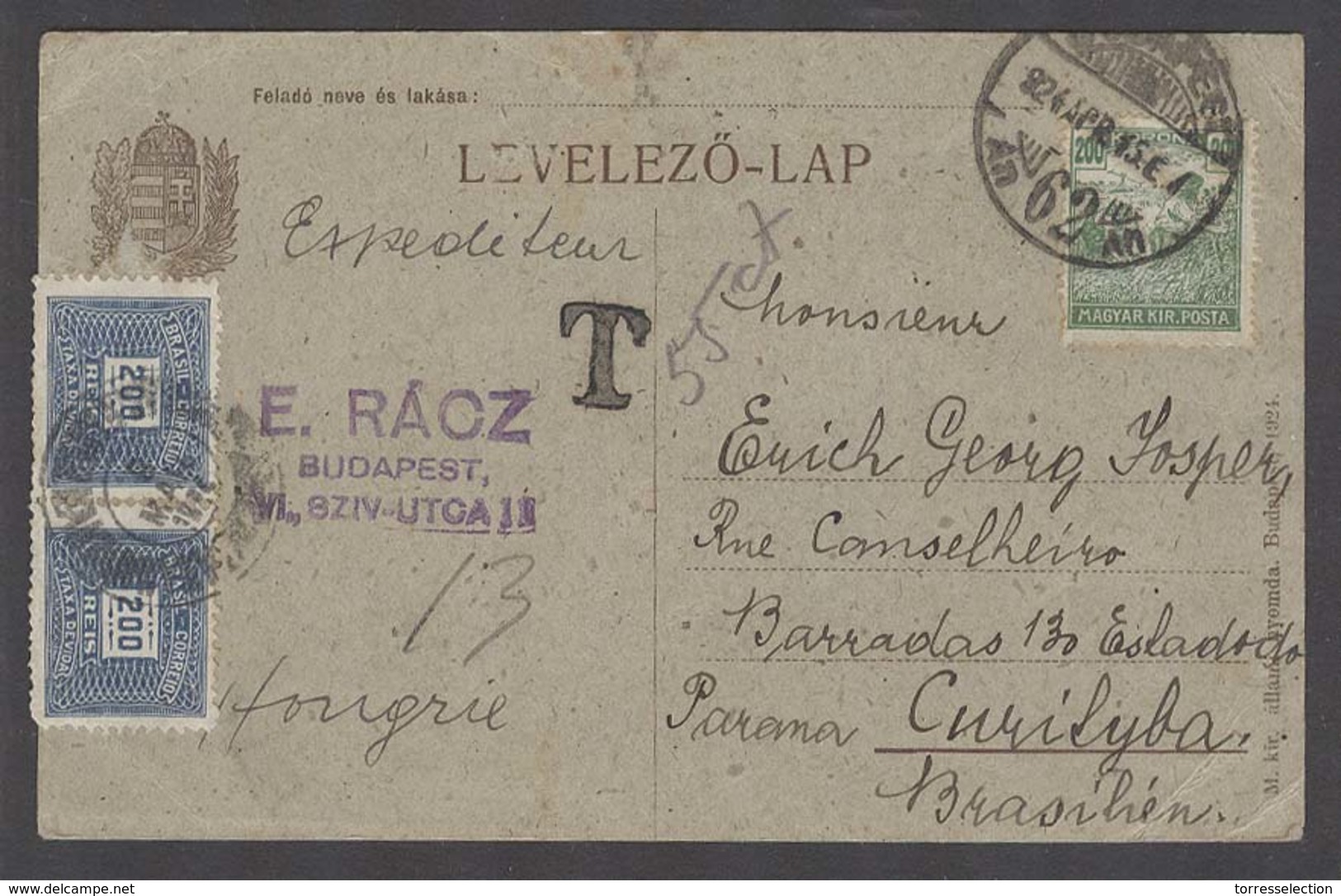 BRAZIL. 1924 (15 April). Hungary / Budapest - Curityba / Brazil (8 May). Private Fkd Card + Taxed + Brazil Postage Due S - Autres & Non Classés