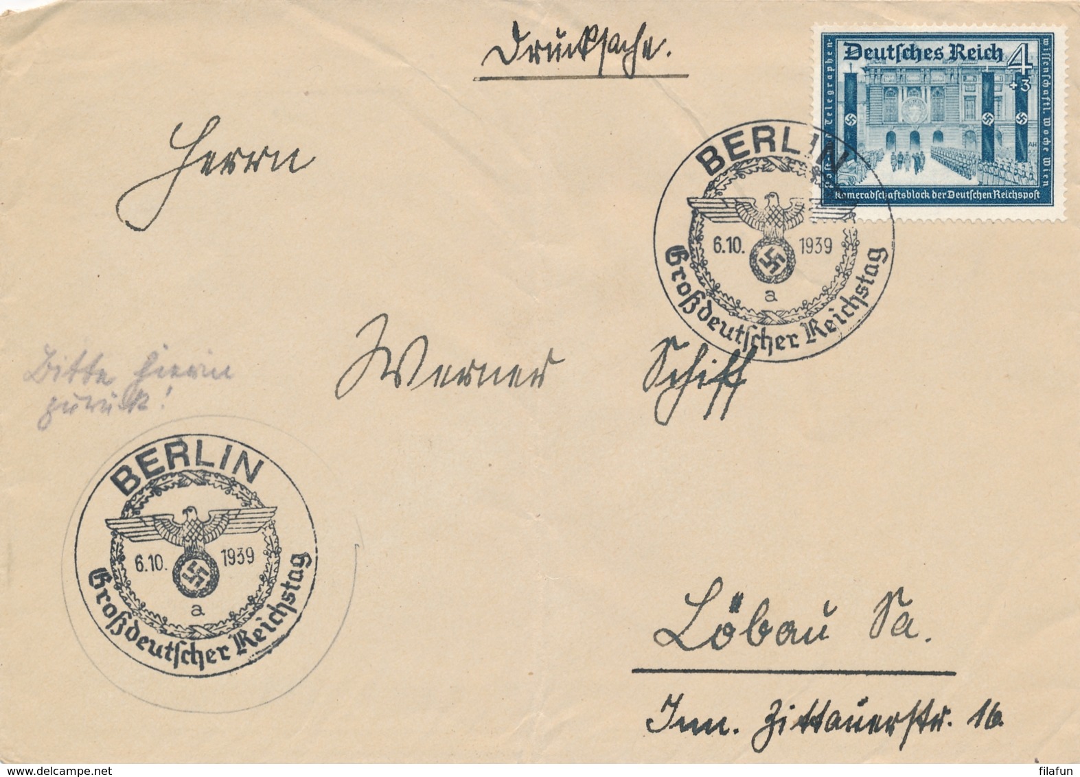 Deutsches Reich - 1939 - 4Pf Kameradschaftsblock On Cover From Berlin To Löbau - Briefe U. Dokumente