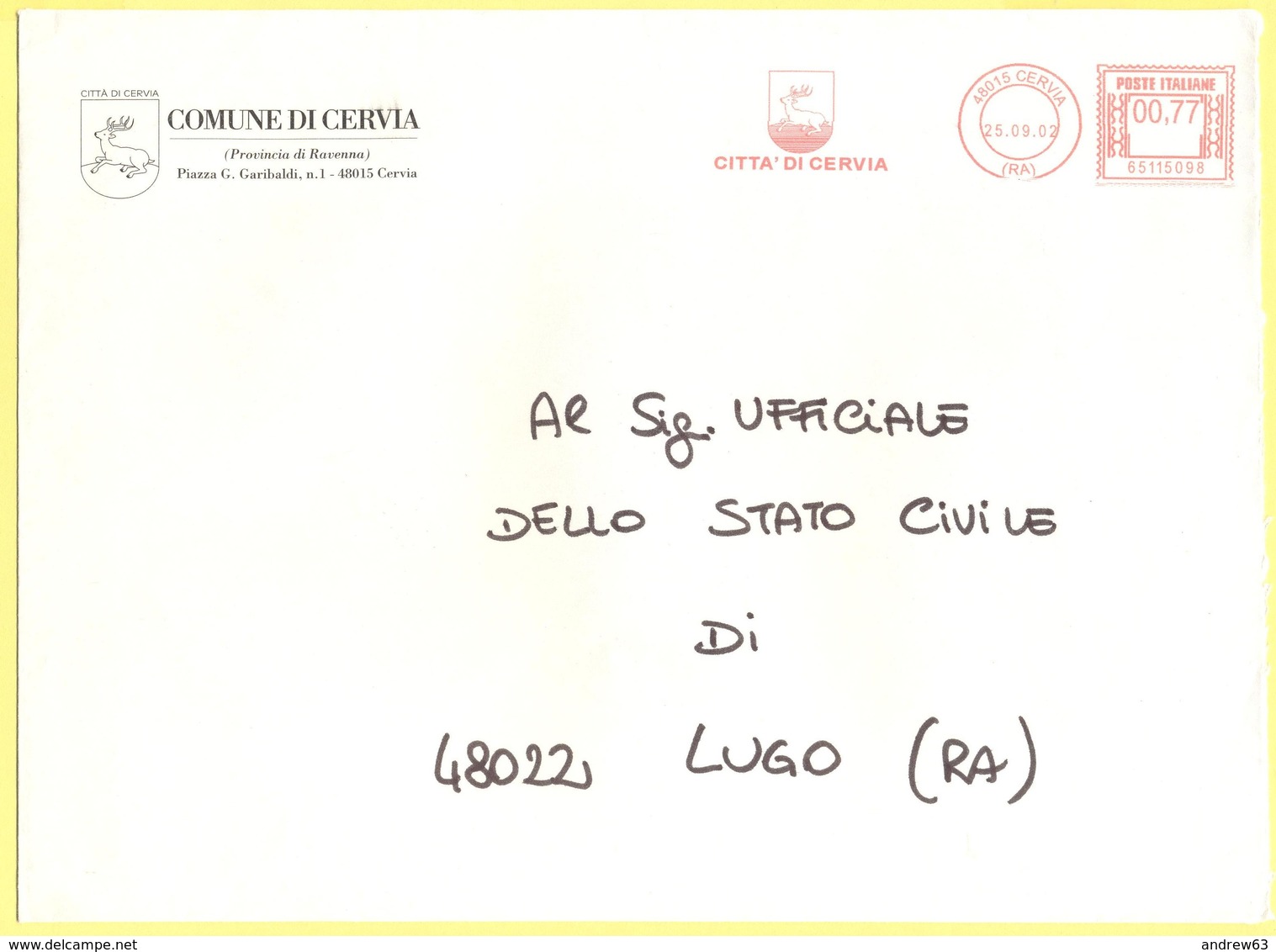 ITALIA - ITALY - ITALIE - 2002 - 00,77 EMA, Red Cancel - Comune Di Cervia - Viaggiata Da Cervia Per Lugo - Macchine Per Obliterare (EMA)