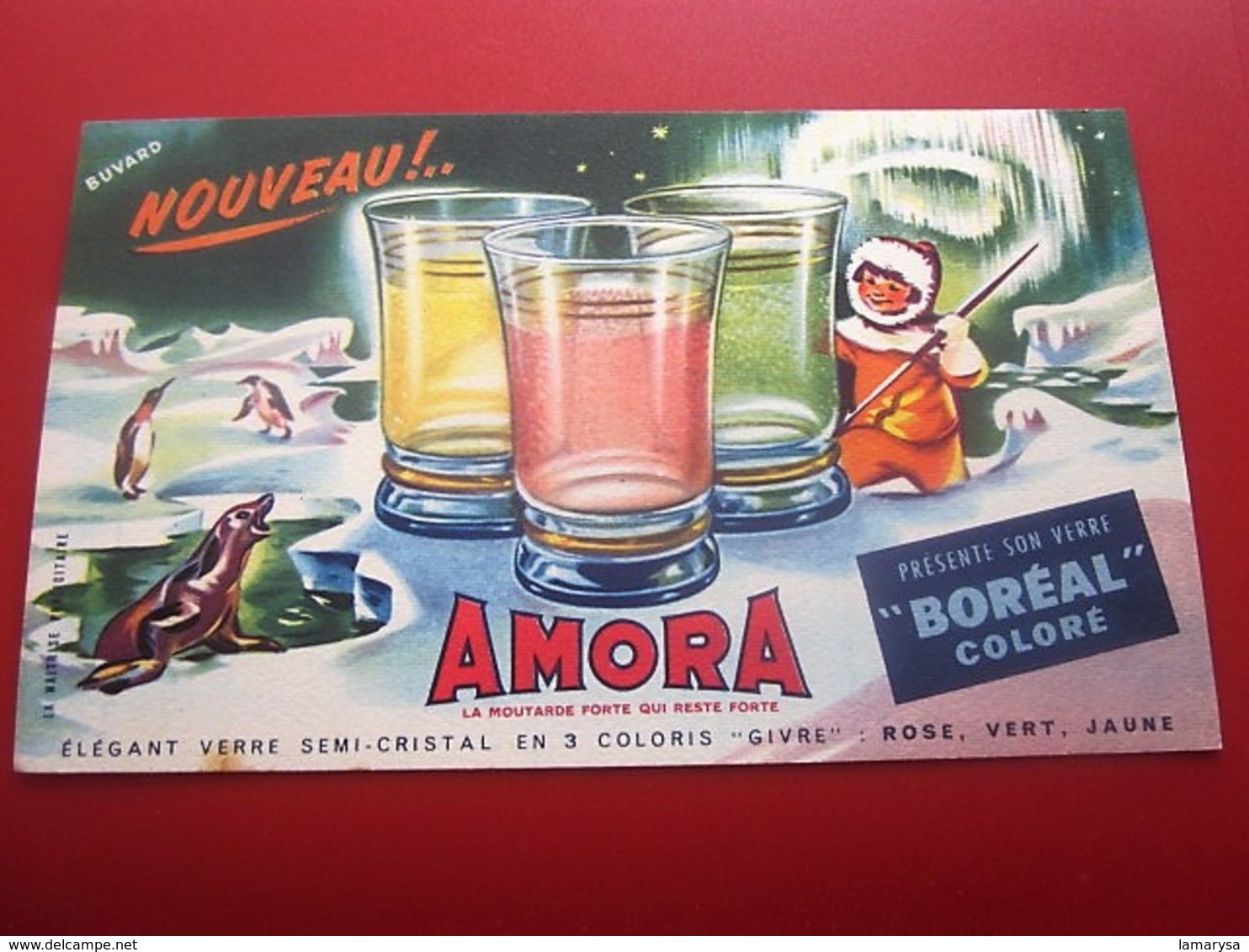 MOUTARDE AMORA VERRES BOREAL  - BUVARD Collection Illustré Publicitaire Publicité Alimentaire Moutarde - Moutardes