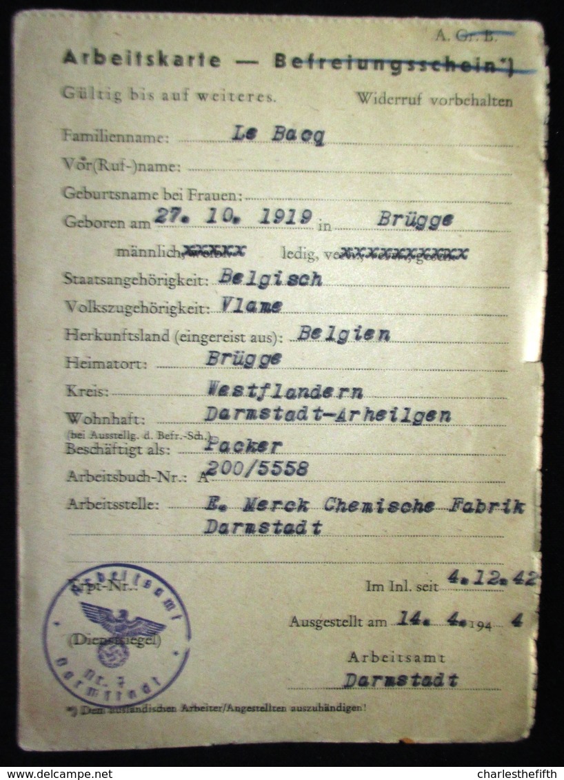 AUSWEIS - REISPAS VISA ** Brugge > Darmstadt - STEMPEL VLAAMSE BEWEGING + UNGULTIG - 1944 ** + ARBEITSKARTE 1942 - 1939-45