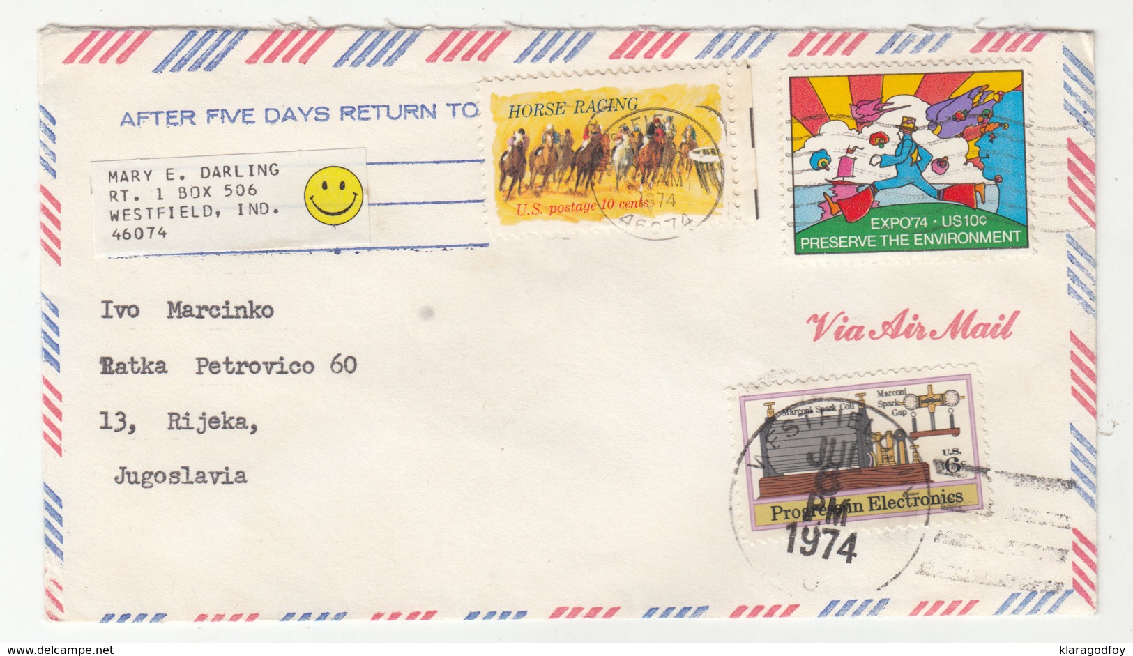 US, Letter Cover Travelled 1974 Westfield (IND) Pmk B190401 - Cartas & Documentos