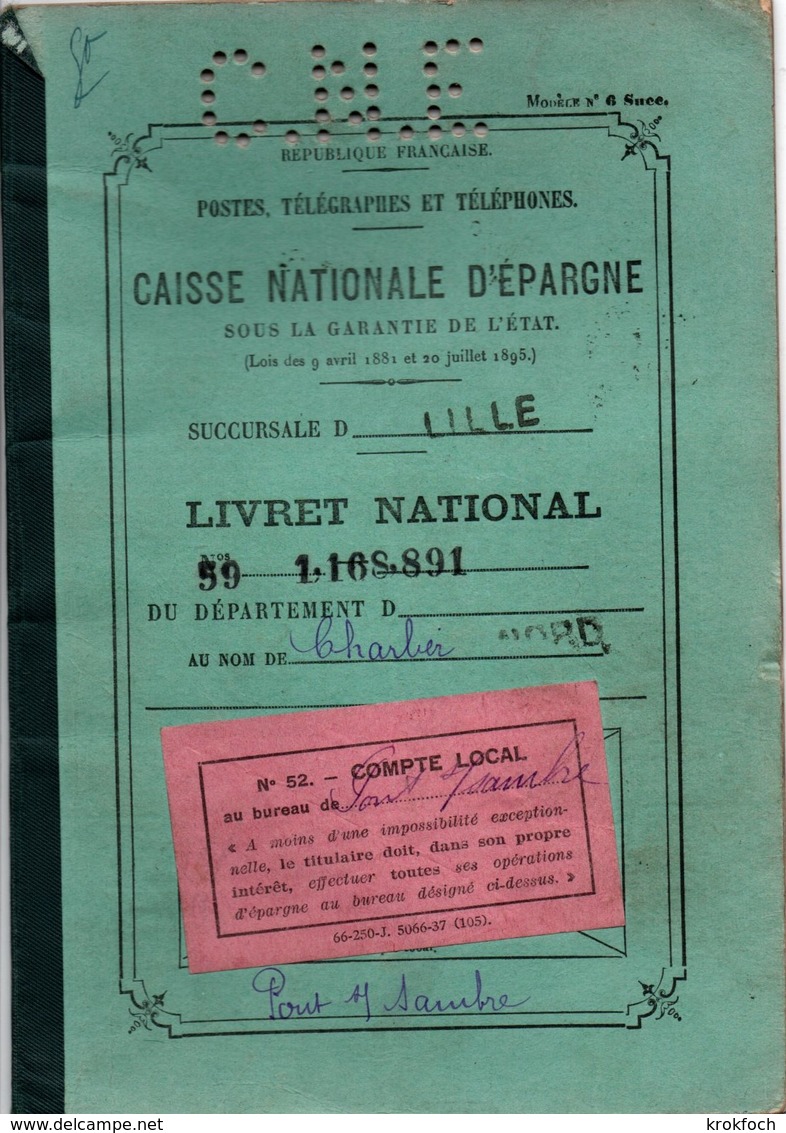 Livret Caisse Nationale épargne Pont Sur Sambre 1938 - Grosse Perforation CNE Perforé - 2 Scans - Format 14 X 20 Cm - Chèques & Chèques De Voyage