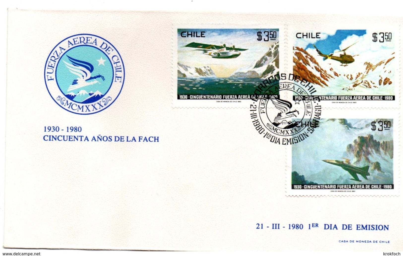 Fuerza Aerea De Chile 1980 FDC - Air Force - Armée De L'air - Hydravion Hélicoptère Avion - Chili