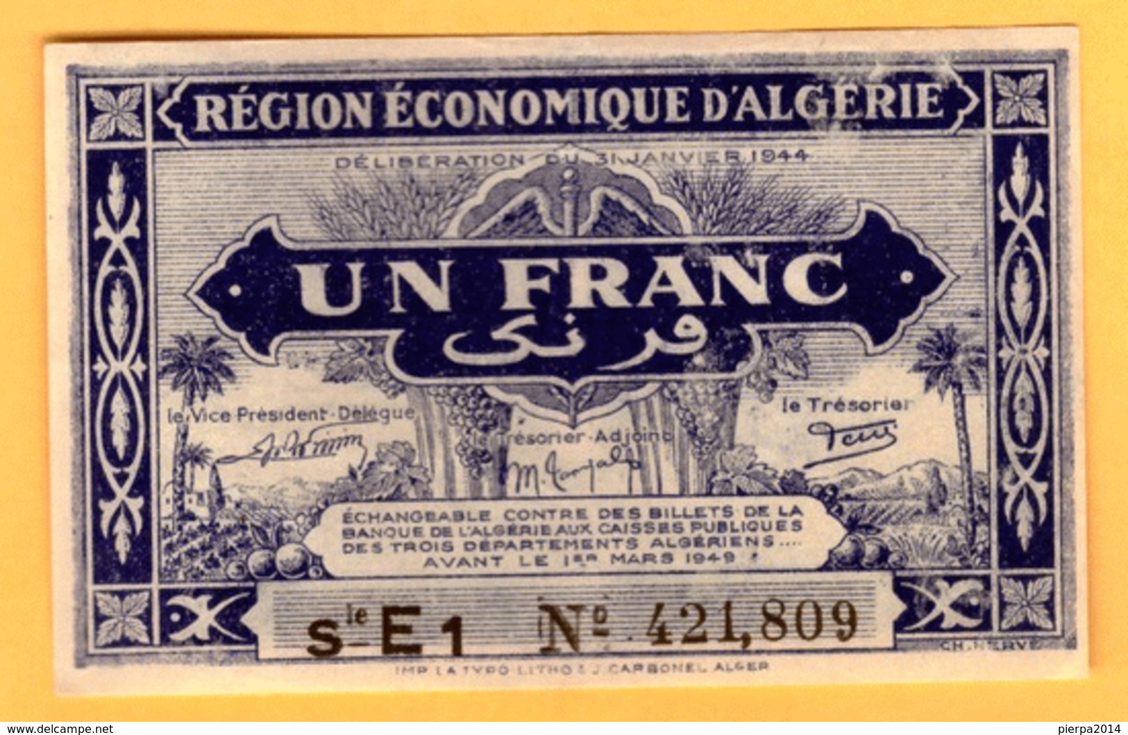 Algeria  1  Franc 1944 - Pick 98b  VF+ - Algérie