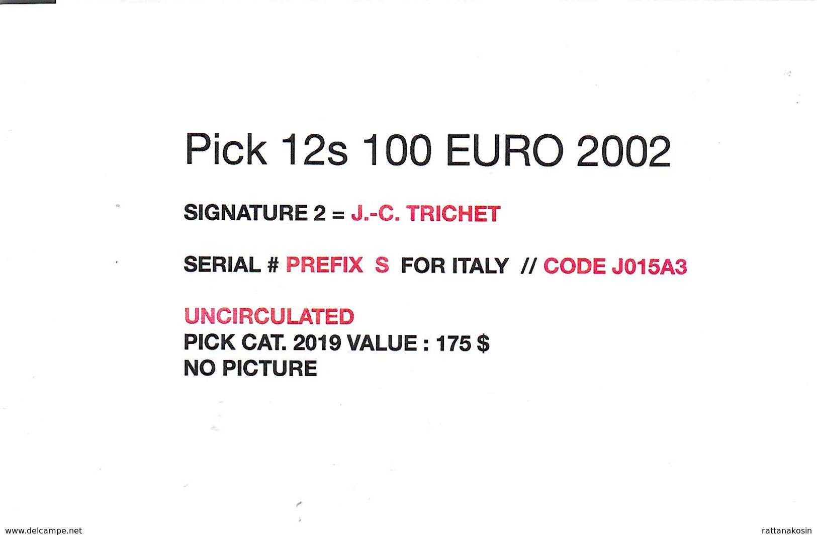 ITALY P12s 100 EURO 2002  Prefix S  /  CODE J015A3  Signature TRICHET UNC. - 100 Euro