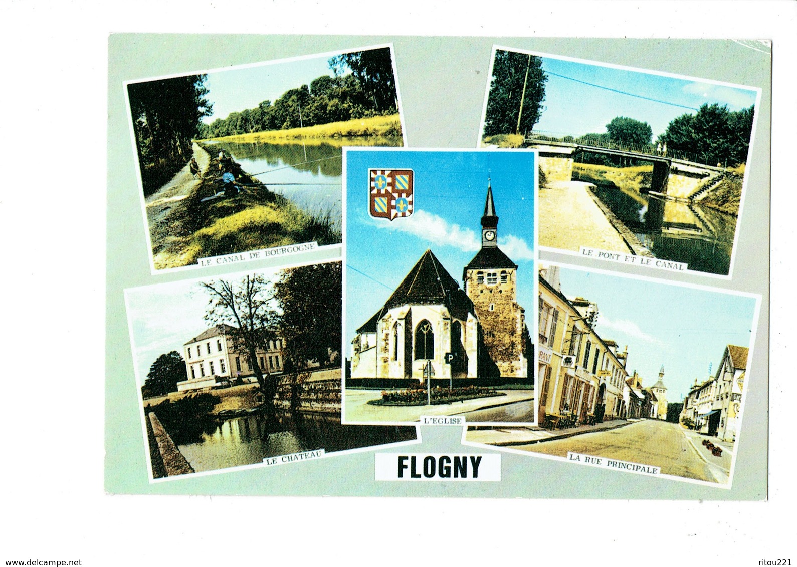 Cpm - 89 - FLOGNY - Yonne - Rue Principale Canal De Bourgogne Château Pont église  Blason Pêcheur Garage Renault - Flogny La Chapelle