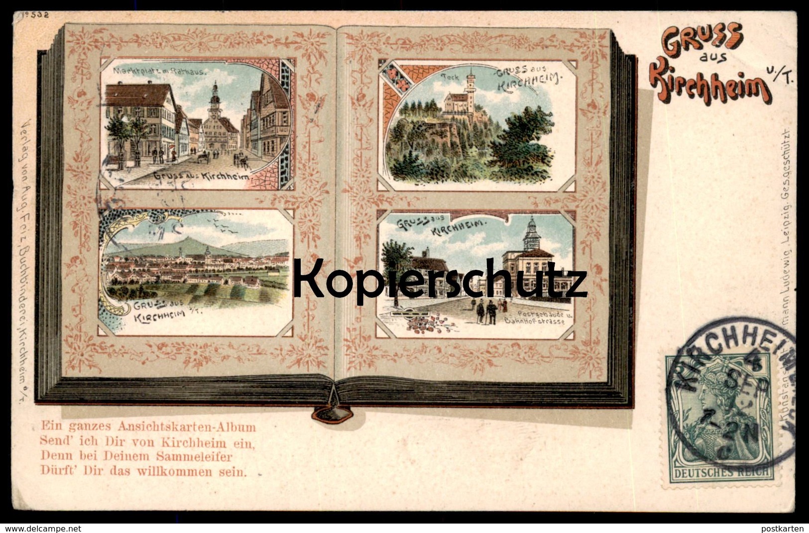 ALTE LITHO POSTKARTE GRUSS AUS KIRCHHEIM U. TECK ANSICHTSKARTENALBUM POSTKARTENALBUM BAHNHOFSTRASSE POSTGEBÄUDE AK Cpa - Kirchheim