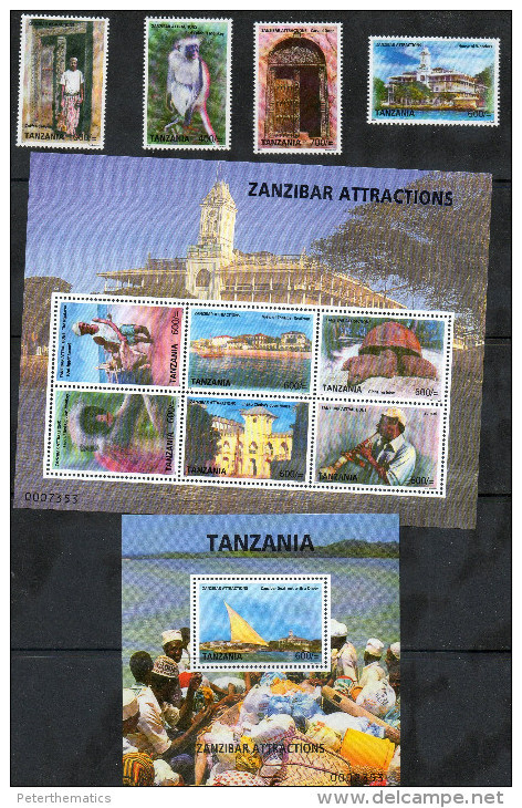 TANZANIA, 2009, MNH, ZANZIBAR ATTRACTIONS, TORTOISES, TURTLES, MONKEYS,BOATS,DOORS, 4v+SLT+S/S - Turtles