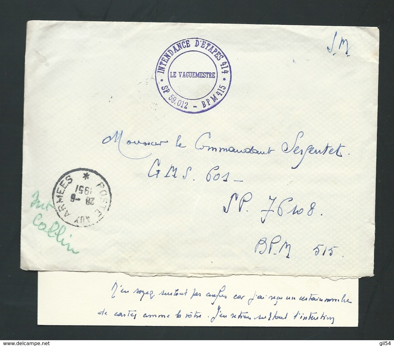 Sur Lac De 1951 MARQUE MILITAIRE à IDENTIFIER " Intendances D'étapes 414 - SP 59012 - BPM 415-  Raa2103 - War Of Indo-China / Vietnam