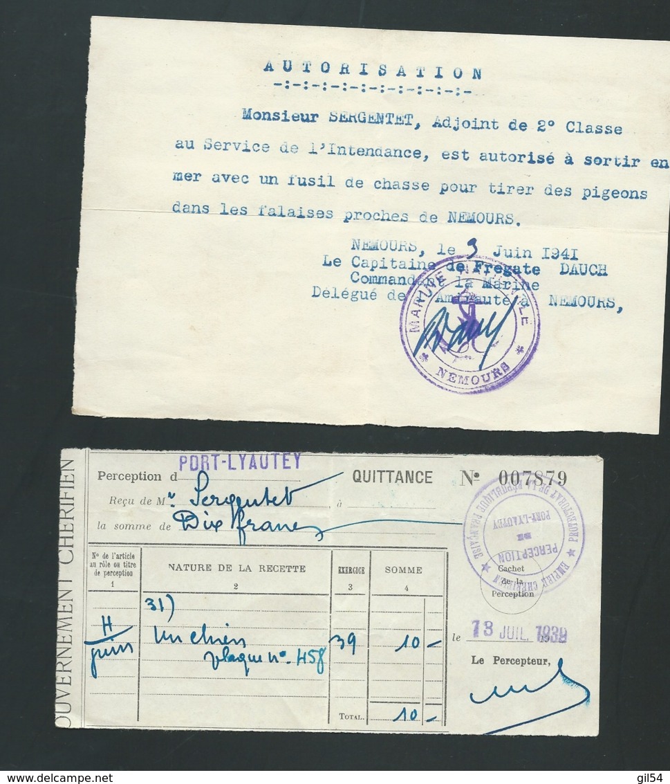 Oblitération Poste Navale " Marine Nationale Nemours " Sur Autorisation  De Chasser Des Pigieons En Juin 1941 RAA2110 - Poste Navale