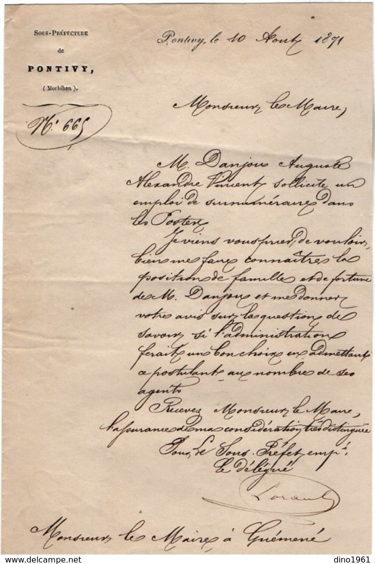 VP14.677 - PONTIVY 1871 - Lettre De Mr Le Sous Préfet  Objet Demande D'Emploi Dans Les Postes à Mr Le Maire De GUEMENE - Documents Historiques