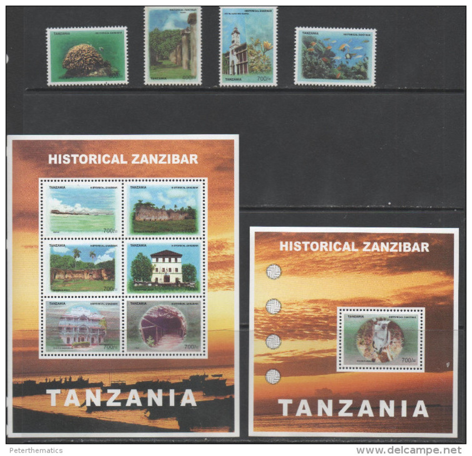 TANZANIA, 2007, MNH, HISTORICAL ZANZIBAR, CORALS, FISH, MONKEYS,BUILDINGS, 4v+SLT+S/S - Marine Life